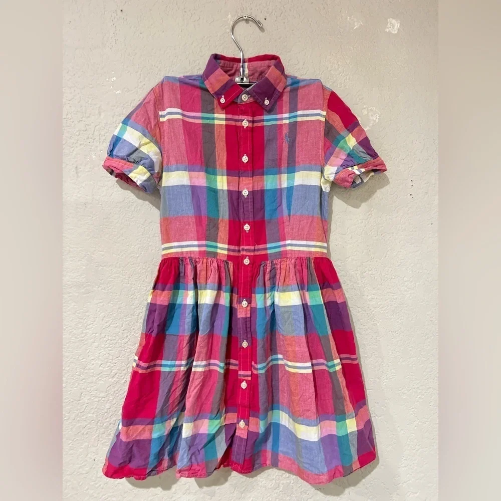 Ralph Lauren Kids Cotton Madras Chequered Dress in pink and blue size 12